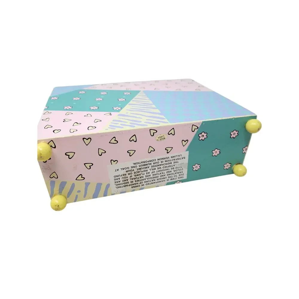 Vintage Y2K Small Wooden Jewelry box chest Table Top Whimsical Patchwork Vernon